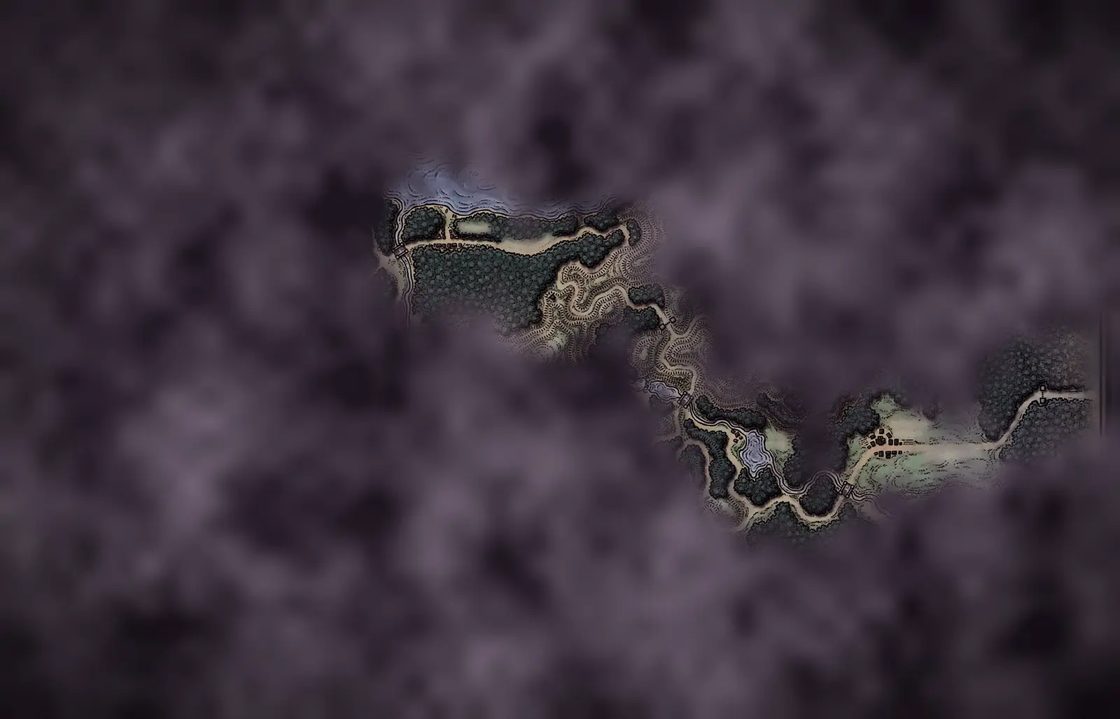 A map of Barovia, mostly lost in mist. The road we have walked runs east to west from the Gates of Barovia to Vallaki.